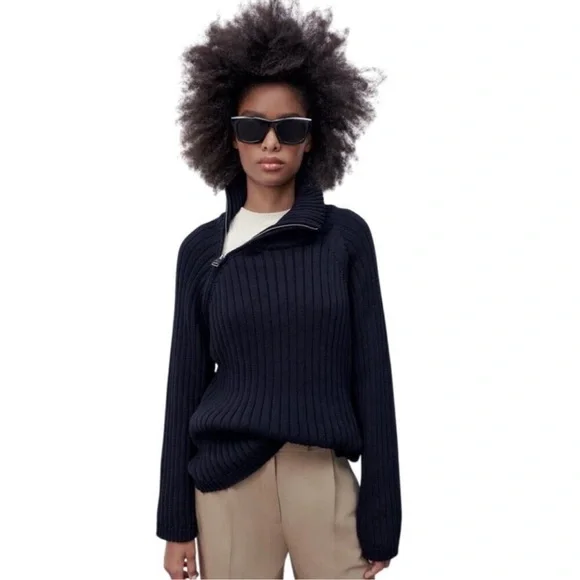 Zara Angle Zip Ribbed Mock Neck Oversized Cotton Sweater - Picture 2 of 8